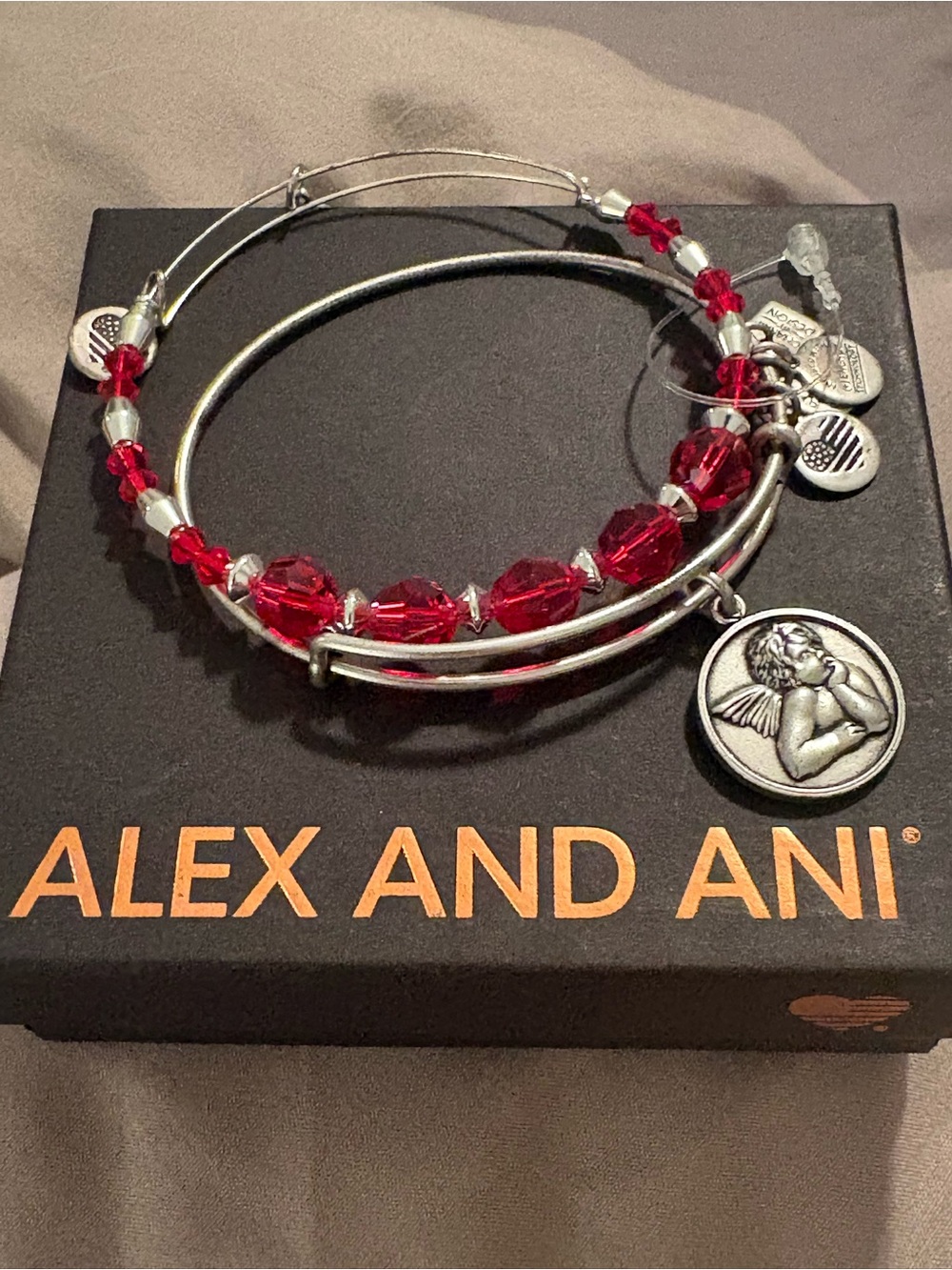 Alex and Ani Silver Bangle Bracelet with Red Crystal Beads and Angel Charm